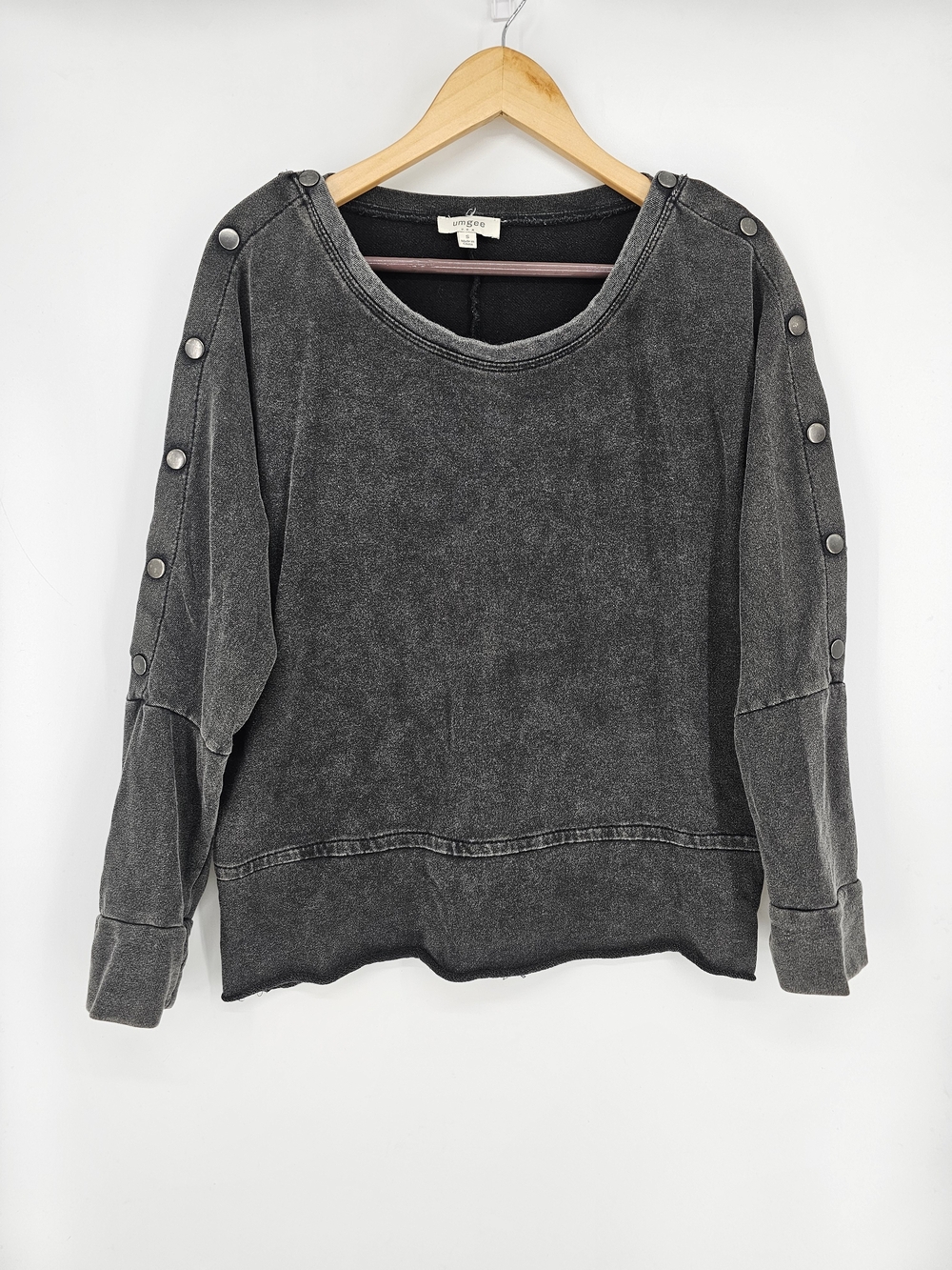 Umgee Charcoal Mineral Wash Oversized Snap Button Sleeve Sweatshirt Top S